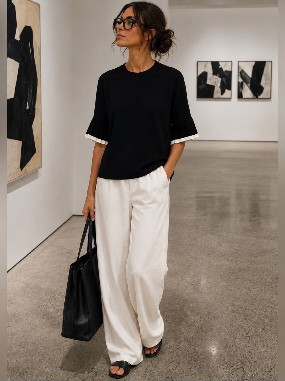 COS Black White Pleated Sleeve Knit Top M Colorblock Minimalist Avant Garde Y2K